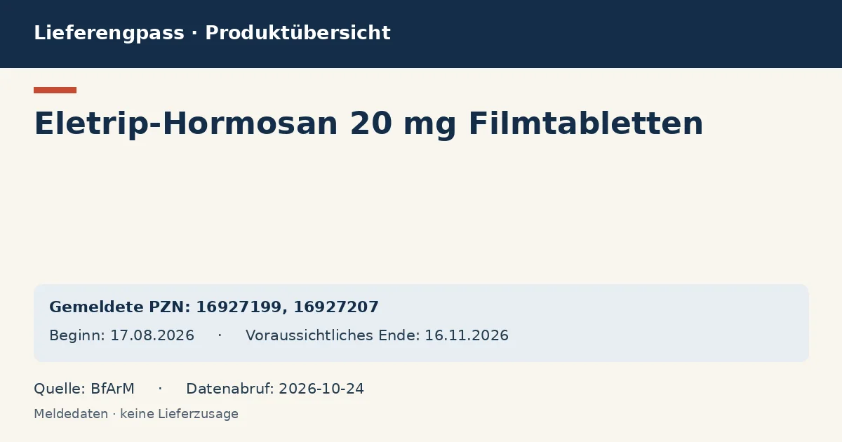 Eletrip-Hormosan 20 mg Filmtabletten: Datenübersicht zum Lieferengpass mit gemeldeten Packungen und Zeitraum (BfArM) Eletrip-Hormosan 20 mg Filmtabletten: Datenübersicht zum Lieferengpass mit gemeldeten Packungen und Zeitraum (BfArM)