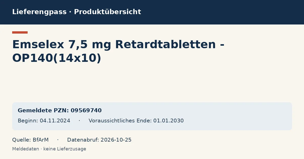 Emselex 7,5 mg Retardtabletten - OP140(14x10): Datenübersicht zum Lieferengpass mit gemeldeten Packungen und Zeitraum (BfArM) Emselex 7,5 mg Retardtabletten - OP140(14x10): Datenübersicht zum Lieferengpass mit gemeldeten Packungen und Zeitraum (BfArM)