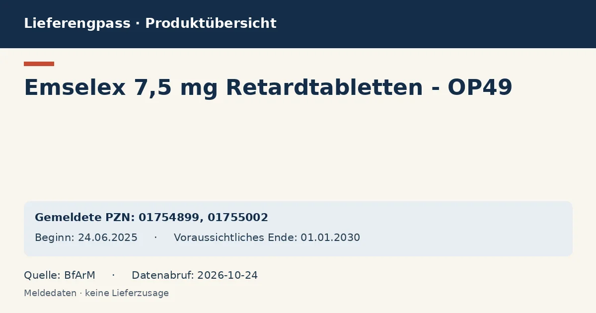 Emselex 7,5 mg Retardtabletten - OP49: Datenübersicht zum Lieferengpass mit gemeldeten Packungen und Zeitraum (BfArM)