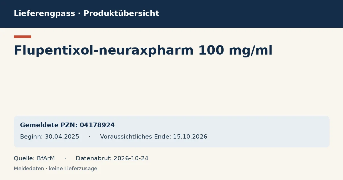 Flupentixol-neuraxpharm 100 mg/ml: Datenübersicht zum Lieferengpass mit gemeldeten Packungen und Zeitraum (BfArM)