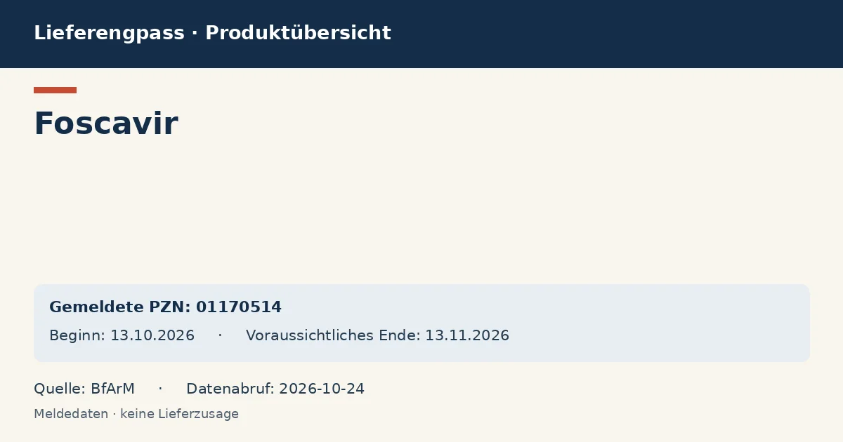 Foscavir: Datenübersicht zum Lieferengpass mit gemeldeten Packungen und Zeitraum (BfArM)