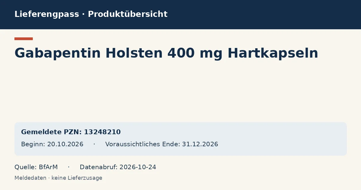 Gabapentin Holsten 400 mg Hartkapseln: Datenübersicht zum Lieferengpass mit gemeldeten Packungen und Zeitraum (BfArM)