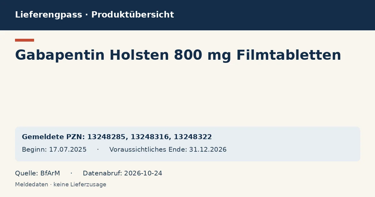 Gabapentin Holsten 800 mg Filmtabletten: Datenübersicht zum Lieferengpass mit gemeldeten Packungen und Zeitraum (BfArM) Gabapentin Holsten 800 mg Filmtabletten: Datenübersicht zum Lieferengpass mit gemeldeten Packungen und Zeitraum (BfArM)