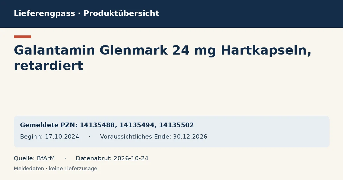 Galantamin Glenmark 24 mg Hartkapseln, retardiert: Datenübersicht zum Lieferengpass mit gemeldeten Packungen und Zeitraum (BfArM)