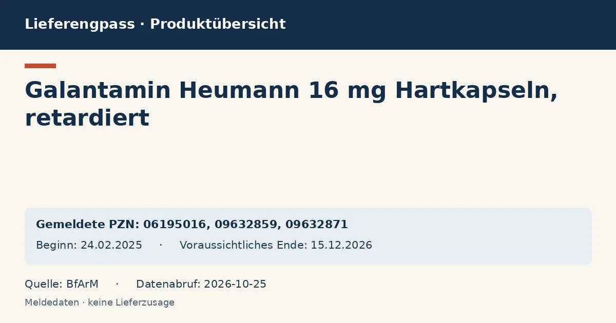 Galantamin Heumann 16 mg Hartkapseln, retardiert: Datenübersicht zum Lieferengpass mit gemeldeten Packungen und Zeitraum (BfArM) Galantamin Heumann 16 mg Hartkapseln, retardiert: Datenübersicht zum Lieferengpass mit gemeldeten Packungen und Zeitraum (BfArM)