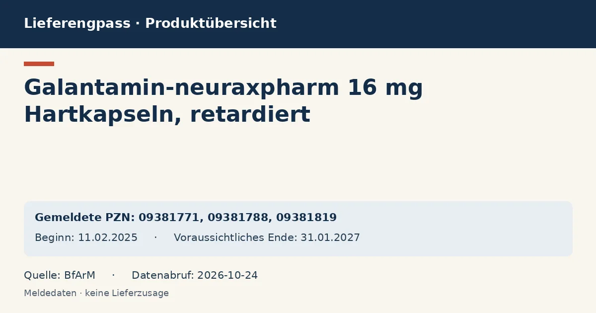 Galantamin-neuraxpharm 16 mg Hartkapseln, retardiert: Datenübersicht zum Lieferengpass mit gemeldeten Packungen und Zeitraum (BfArM) Galantamin-neuraxpharm 16 mg Hartkapseln, retardiert: Datenübersicht zum Lieferengpass mit gemeldeten Packungen und Zeitraum (BfArM)
