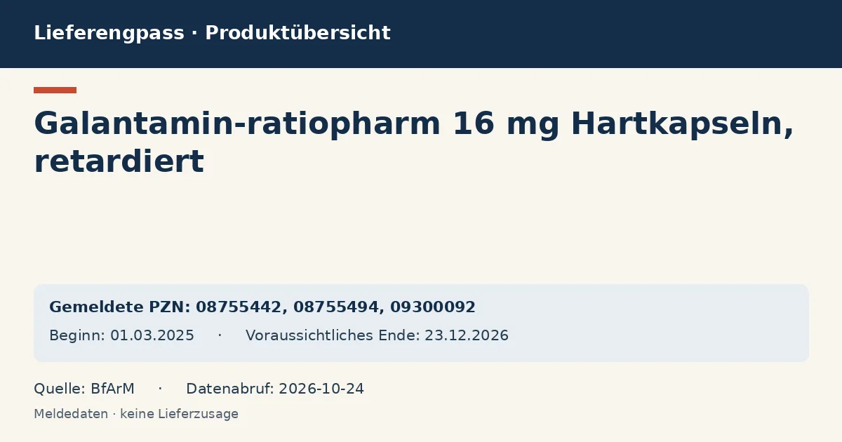 Galantamin-ratiopharm 16 mg Hartkapseln, retardiert: Datenübersicht zum Lieferengpass mit gemeldeten Packungen und Zeitraum (BfArM) Galantamin-ratiopharm 16 mg Hartkapseln, retardiert: Datenübersicht zum Lieferengpass mit gemeldeten Packungen und Zeitraum (BfArM)