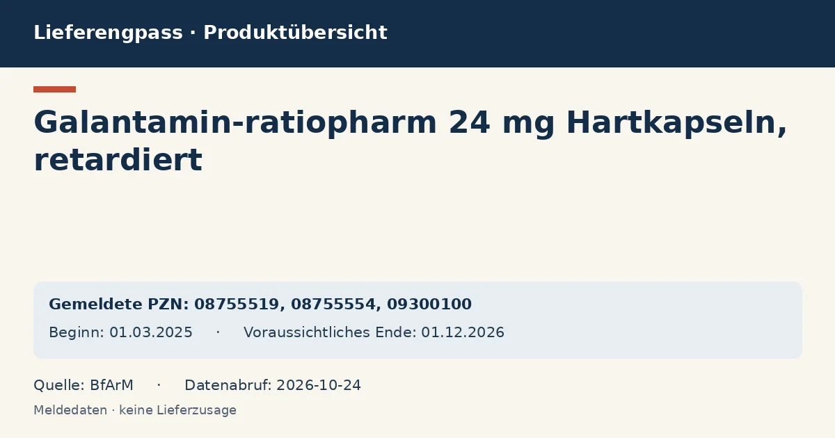 Galantamin-ratiopharm 24 mg Hartkapseln, retardiert: Datenübersicht zum Lieferengpass mit gemeldeten Packungen und Zeitraum (BfArM) Galantamin-ratiopharm 24 mg Hartkapseln, retardiert: Datenübersicht zum Lieferengpass mit gemeldeten Packungen und Zeitraum (BfArM)