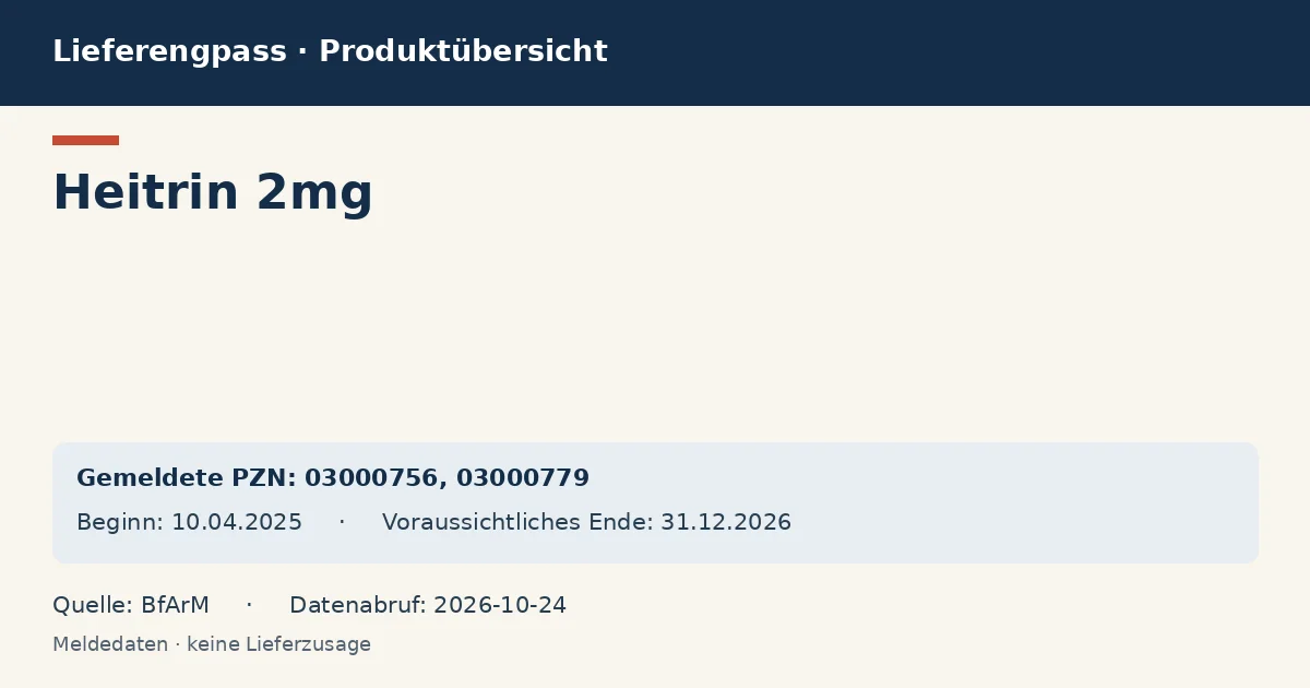 Heitrin 2mg: Datenübersicht zum Lieferengpass mit gemeldeten Packungen und Zeitraum (BfArM) Heitrin 2mg: Datenübersicht zum Lieferengpass mit gemeldeten Packungen und Zeitraum (BfArM)
