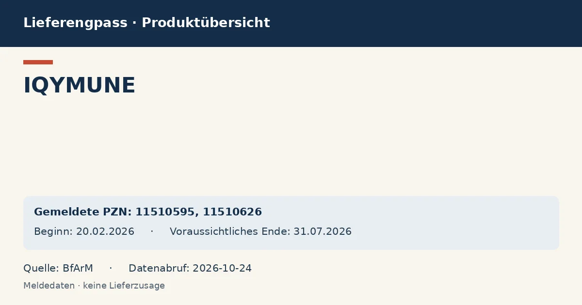 IQYMUNE: Datenübersicht zum Lieferengpass mit gemeldeten Packungen und Zeitraum (BfArM) IQYMUNE: Datenübersicht zum Lieferengpass mit gemeldeten Packungen und Zeitraum (BfArM)