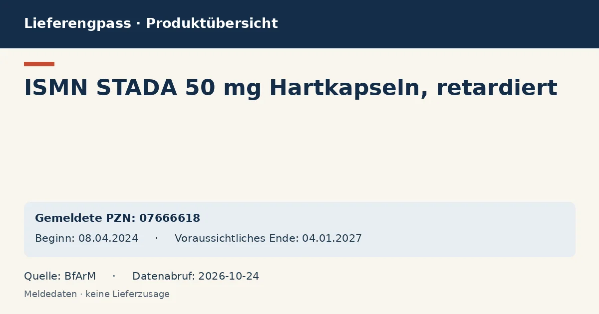 ISMN STADA 50 mg Hartkapseln, retardiert: Datenübersicht zum Lieferengpass mit gemeldeten Packungen und Zeitraum (BfArM) ISMN STADA 50 mg Hartkapseln, retardiert: Datenübersicht zum Lieferengpass mit gemeldeten Packungen und Zeitraum (BfArM)