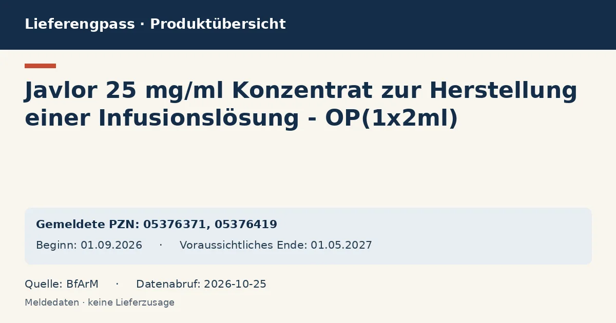 Javlor 25 mg/ml Konzentrat zur Herstellung einer Infusionslösung - OP(1x2ml): Datenübersicht zum Lieferengpass mit gemeldeten Packungen und Zeitraum (BfArM) Javlor 25 mg/ml Konzentrat zur Herstellung einer Infusionslösung - OP(1x2ml): Datenübersicht zum Lieferengpass mit gemeldeten Packungen und Zeitraum (BfArM)