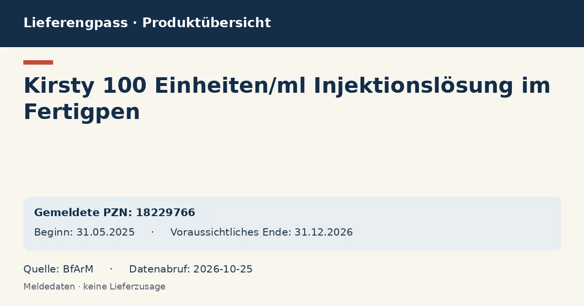 Kirsty 100 Einheiten/ml Injektionslösung im Fertigpen: Datenübersicht zum Lieferengpass mit gemeldeten Packungen und Zeitraum (BfArM) Kirsty 100 Einheiten/ml Injektionslösung im Fertigpen: Datenübersicht zum Lieferengpass mit gemeldeten Packungen und Zeitraum (BfArM)