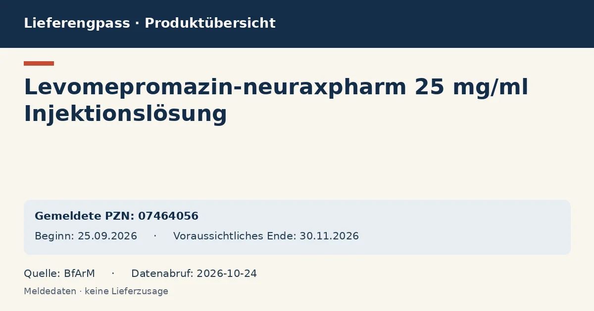 Levomepromazin-neuraxpharm 25 mg/ml Injektionslösung: Datenübersicht zum Lieferengpass mit gemeldeten Packungen und Zeitraum (BfArM) Levomepromazin-neuraxpharm 25 mg/ml Injektionslösung: Datenübersicht zum Lieferengpass mit gemeldeten Packungen und Zeitraum (BfArM)