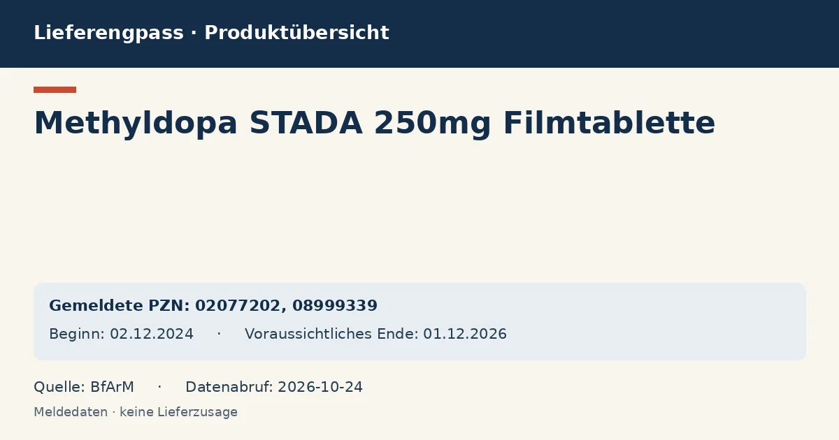 Methyldopa STADA 250mg Filmtablette: Datenübersicht zum Lieferengpass mit gemeldeten Packungen und Zeitraum (BfArM) Methyldopa STADA 250mg Filmtablette: Datenübersicht zum Lieferengpass mit gemeldeten Packungen und Zeitraum (BfArM)