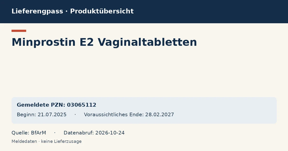 Minprostin E2 Vaginaltabletten: Datenübersicht zum Lieferengpass mit gemeldeten Packungen und Zeitraum (BfArM)