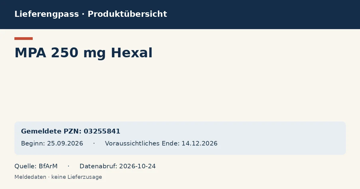 MPA 250 mg Hexal: Datenübersicht zum Lieferengpass mit gemeldeten Packungen und Zeitraum (BfArM) MPA 250 mg Hexal: Datenübersicht zum Lieferengpass mit gemeldeten Packungen und Zeitraum (BfArM)