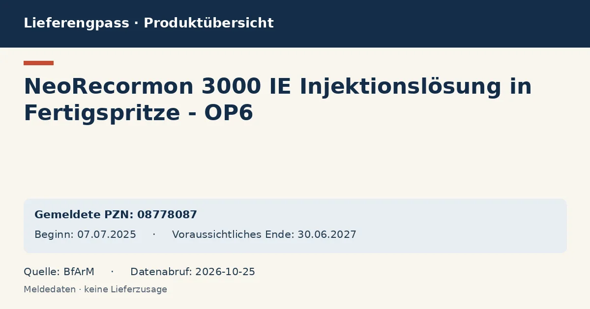 NeoRecormon 3000 IE Injektionslösung in Fertigspritze - OP6: Datenübersicht zum Lieferengpass mit gemeldeten Packungen und Zeitraum (BfArM) NeoRecormon 3000 IE Injektionslösung in Fertigspritze - OP6: Datenübersicht zum Lieferengpass mit gemeldeten Packungen und Zeitraum (BfArM)
