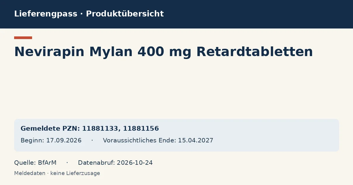 Nevirapin Mylan 400 mg Retardtabletten: Datenübersicht zum Lieferengpass mit gemeldeten Packungen und Zeitraum (BfArM) Nevirapin Mylan 400 mg Retardtabletten: Datenübersicht zum Lieferengpass mit gemeldeten Packungen und Zeitraum (BfArM)