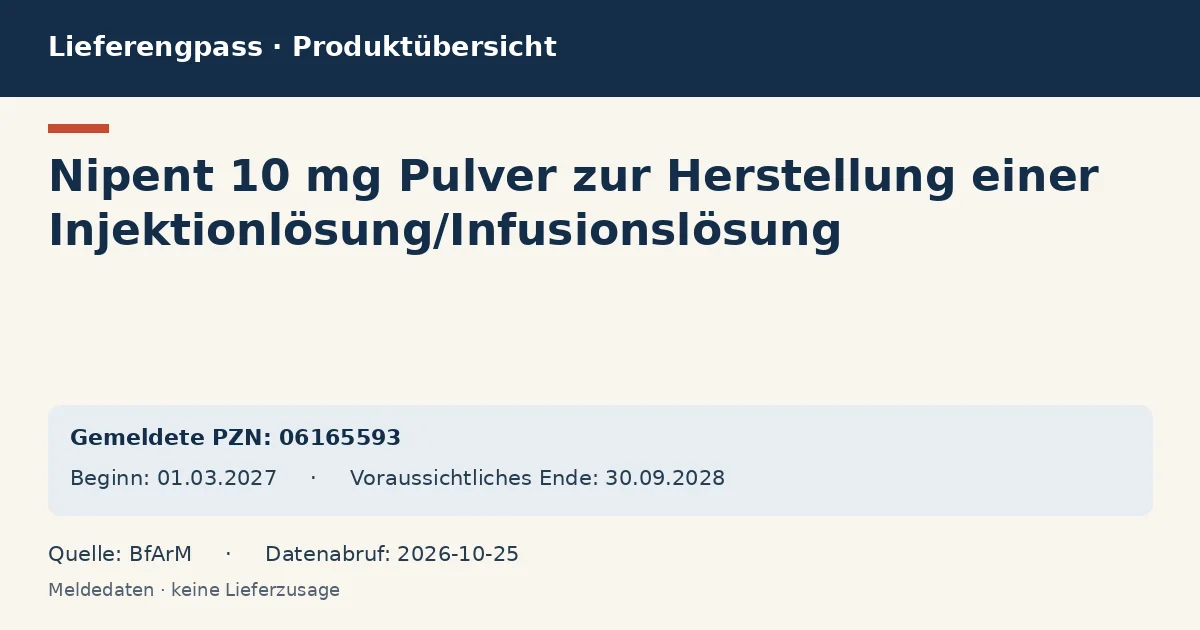 Nipent 10 mg Pulver zur Herstellung einer Injektionlösung/Infusionslösung: Datenübersicht zum Lieferengpass mit gemeldeten Packungen und Zeitraum (BfArM) Nipent 10 mg Pulver zur Herstellung einer Injektionlösung/Infusionslösung: Datenübersicht zum Lieferengpass mit gemeldeten Packungen und Zeitraum (BfArM)