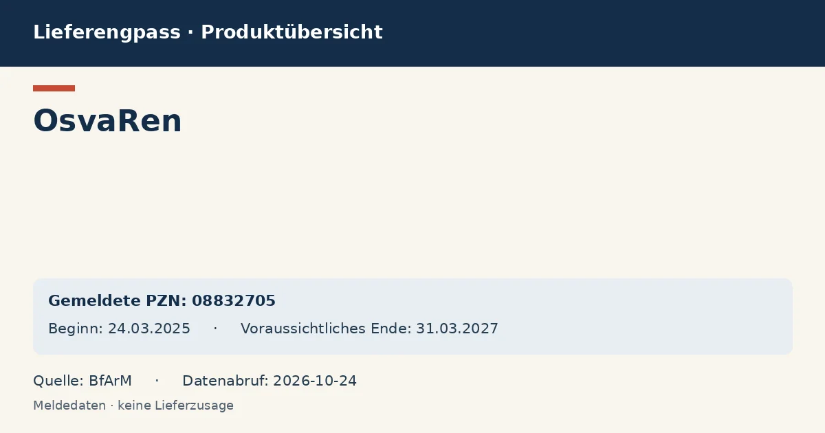 OsvaRen: Datenübersicht zum Lieferengpass mit gemeldeten Packungen und Zeitraum (BfArM)