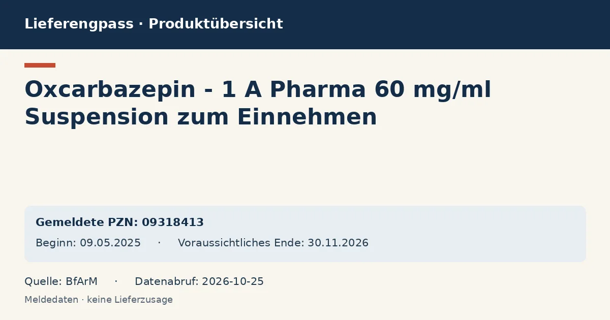 Oxcarbazepin - 1 A Pharma 60 mg/ml Suspension zum Einnehmen: Datenübersicht zum Lieferengpass mit gemeldeten Packungen und Zeitraum (BfArM) Oxcarbazepin - 1 A Pharma 60 mg/ml Suspension zum Einnehmen: Datenübersicht zum Lieferengpass mit gemeldeten Packungen und Zeitraum (BfArM)