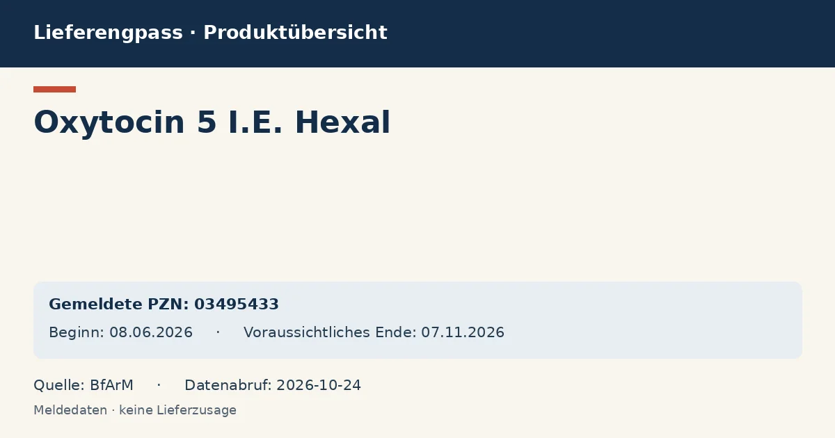 Oxytocin 5 I.E. Hexal: Datenübersicht zum Lieferengpass mit gemeldeten Packungen und Zeitraum (BfArM)