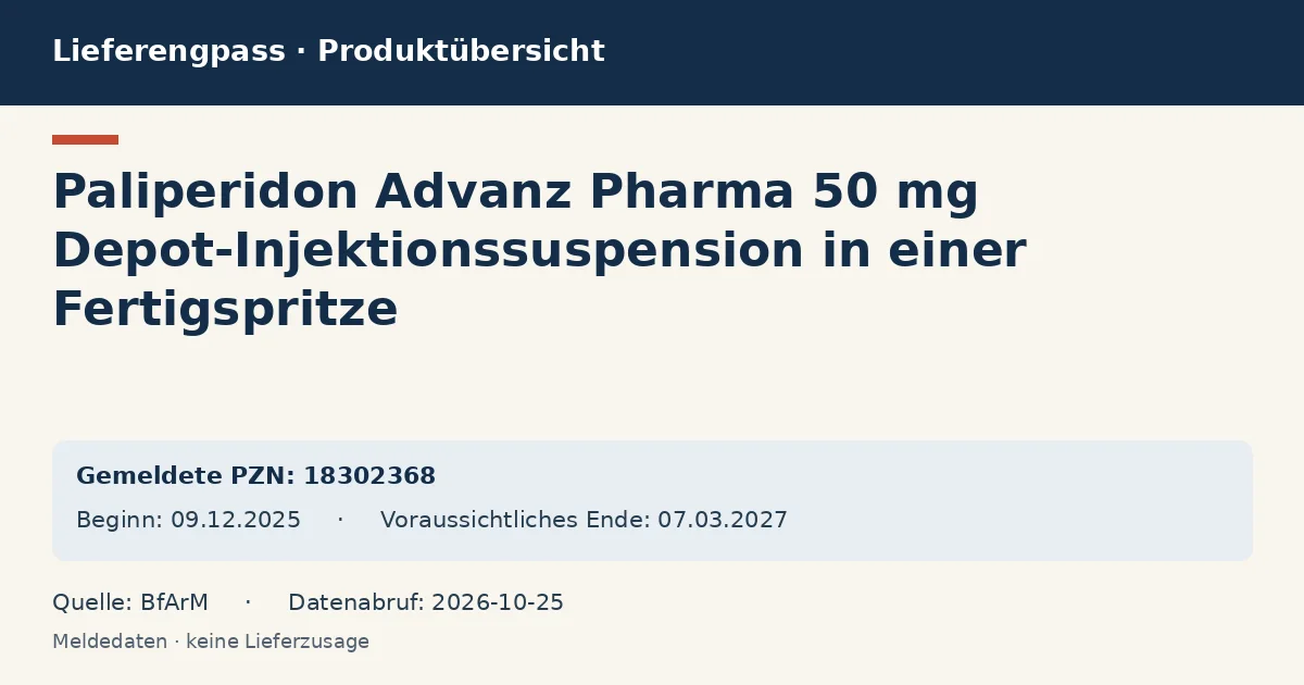 Paliperidon Advanz Pharma 50 mg Depot-Injektionssuspension in einer Fertigspritze: Datenübersicht zum Lieferengpass mit gemeldeten Packungen und Zeitraum (BfArM) Paliperidon Advanz Pharma 50 mg Depot-Injektionssuspension in einer Fertigspritze: Datenübersicht zum Lieferengpass mit gemeldeten Packungen und Zeitraum (BfArM)
