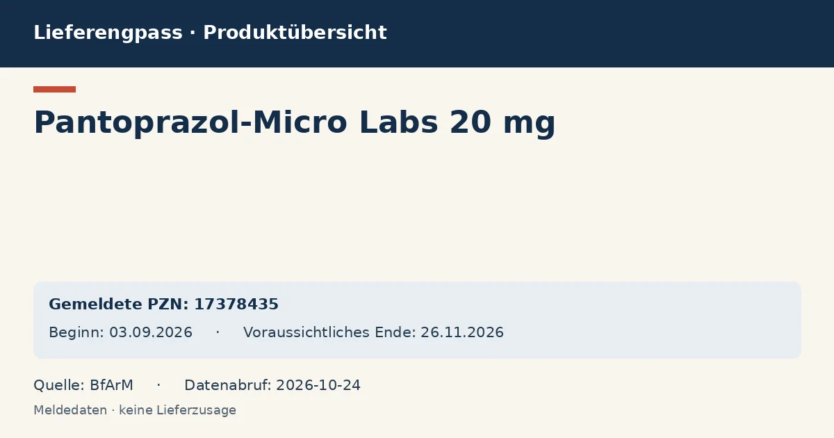 Pantoprazol-Micro Labs 20 mg: Datenübersicht zum Lieferengpass mit gemeldeten Packungen und Zeitraum (BfArM) Pantoprazol-Micro Labs 20 mg: Datenübersicht zum Lieferengpass mit gemeldeten Packungen und Zeitraum (BfArM)