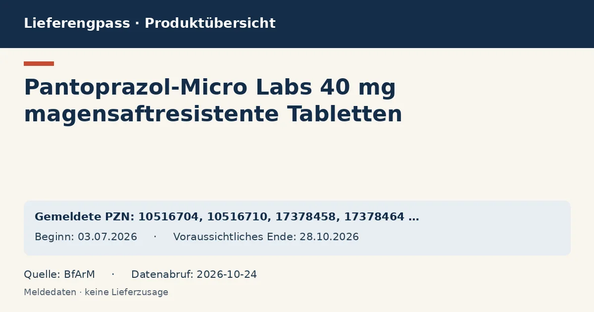 Pantoprazol-Micro Labs 40 mg magensaftresistente Tabletten: Datenübersicht zum Lieferengpass mit gemeldeten Packungen und Zeitraum (BfArM) Pantoprazol-Micro Labs 40 mg magensaftresistente Tabletten: Datenübersicht zum Lieferengpass mit gemeldeten Packungen und Zeitraum (BfArM)