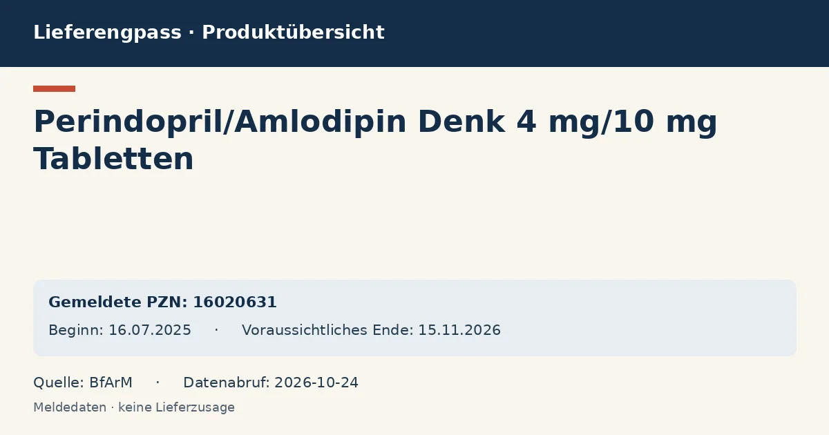 Perindopril/Amlodipin Denk 4 mg/10 mg Tabletten: Datenübersicht zum Lieferengpass mit gemeldeten Packungen und Zeitraum (BfArM) Perindopril/Amlodipin Denk 4 mg/10 mg Tabletten: Datenübersicht zum Lieferengpass mit gemeldeten Packungen und Zeitraum (BfArM)