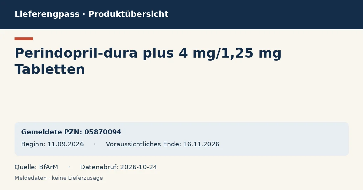 Perindopril-dura plus 4 mg/1,25 mg Tabletten: Datenübersicht zum Lieferengpass mit gemeldeten Packungen und Zeitraum (BfArM) Perindopril-dura plus 4 mg/1,25 mg Tabletten: Datenübersicht zum Lieferengpass mit gemeldeten Packungen und Zeitraum (BfArM)
