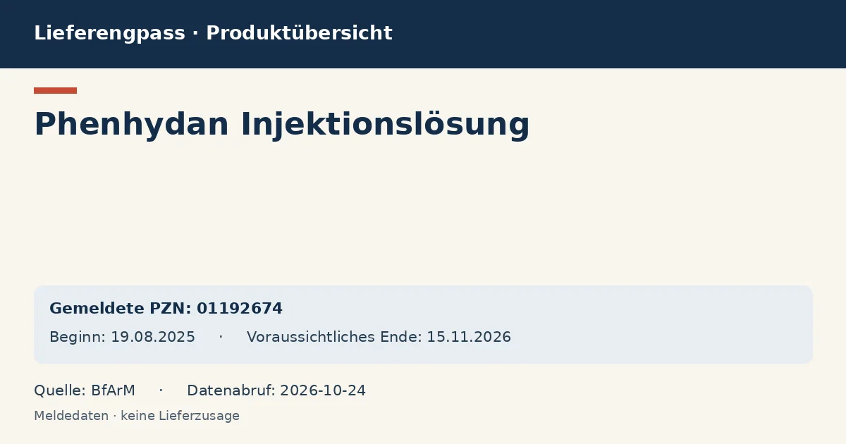 Phenhydan Injektionslösung: Datenübersicht zum Lieferengpass mit gemeldeten Packungen und Zeitraum (BfArM)