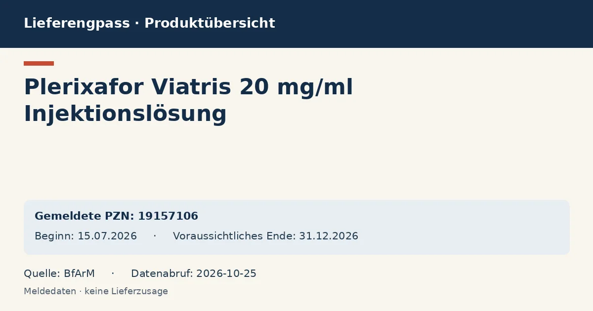 Plerixafor Viatris 20 mg/ml Injektionslösung: Datenübersicht zum Lieferengpass mit gemeldeten Packungen und Zeitraum (BfArM) Plerixafor Viatris 20 mg/ml Injektionslösung: Datenübersicht zum Lieferengpass mit gemeldeten Packungen und Zeitraum (BfArM)