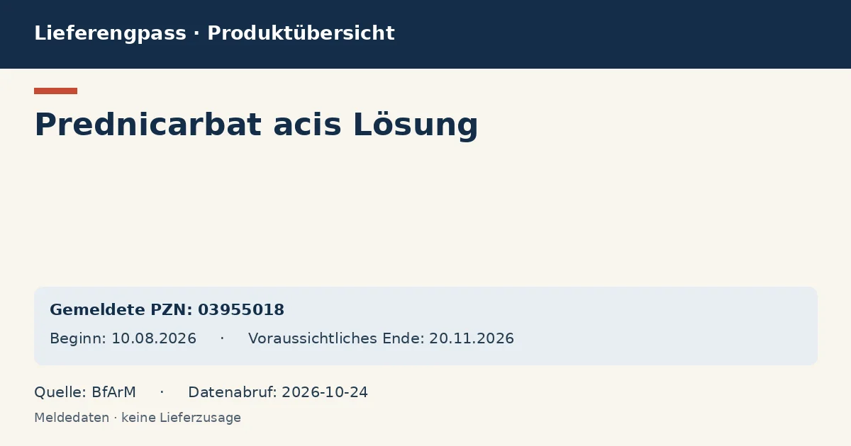 Prednicarbat acis Lösung: Datenübersicht zum Lieferengpass mit gemeldeten Packungen und Zeitraum (BfArM)