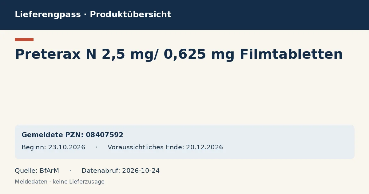 Preterax N 2,5 mg/ 0,625 mg Filmtabletten: Datenübersicht zum Lieferengpass mit gemeldeten Packungen und Zeitraum (BfArM) Preterax N 2,5 mg/ 0,625 mg Filmtabletten: Datenübersicht zum Lieferengpass mit gemeldeten Packungen und Zeitraum (BfArM)