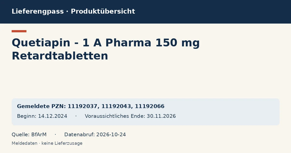 Quetiapin - 1 A Pharma 150 mg Retardtabletten: Datenübersicht zum Lieferengpass mit gemeldeten Packungen und Zeitraum (BfArM) Quetiapin - 1 A Pharma 150 mg Retardtabletten: Datenübersicht zum Lieferengpass mit gemeldeten Packungen und Zeitraum (BfArM)