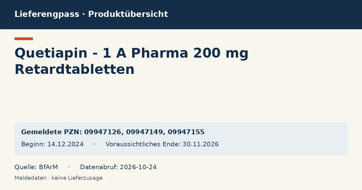Quetiapin - 1 A Pharma 200 mg Retardtabletten: Datenübersicht zum Lieferengpass mit gemeldeten Packungen und Zeitraum (BfArM) Quetiapin - 1 A Pharma 200 mg Retardtabletten: Datenübersicht zum Lieferengpass mit gemeldeten Packungen und Zeitraum (BfArM)