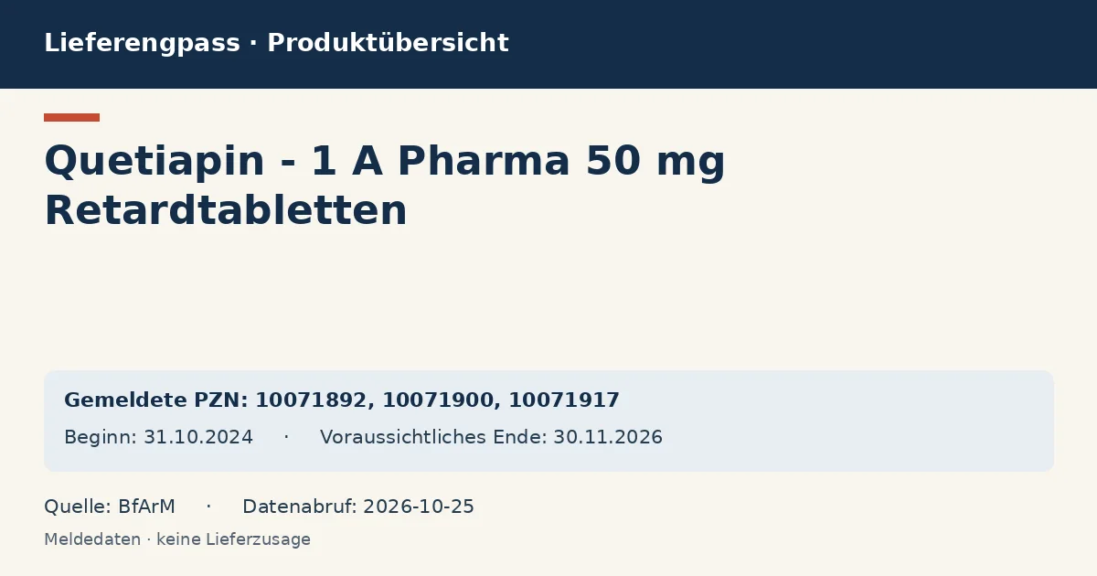Quetiapin - 1 A Pharma 50 mg Retardtabletten: Datenübersicht zum Lieferengpass mit gemeldeten Packungen und Zeitraum (BfArM) Quetiapin - 1 A Pharma 50 mg Retardtabletten: Datenübersicht zum Lieferengpass mit gemeldeten Packungen und Zeitraum (BfArM)