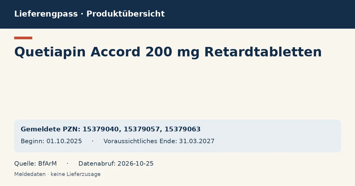 Quetiapin Accord 200 mg Retardtabletten: Datenübersicht zum Lieferengpass mit gemeldeten Packungen und Zeitraum (BfArM) Quetiapin Accord 200 mg Retardtabletten: Datenübersicht zum Lieferengpass mit gemeldeten Packungen und Zeitraum (BfArM)
