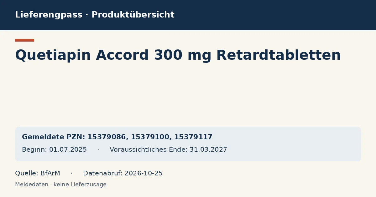 Quetiapin Accord 300 mg Retardtabletten: Datenübersicht zum Lieferengpass mit gemeldeten Packungen und Zeitraum (BfArM) Quetiapin Accord 300 mg Retardtabletten: Datenübersicht zum Lieferengpass mit gemeldeten Packungen und Zeitraum (BfArM)