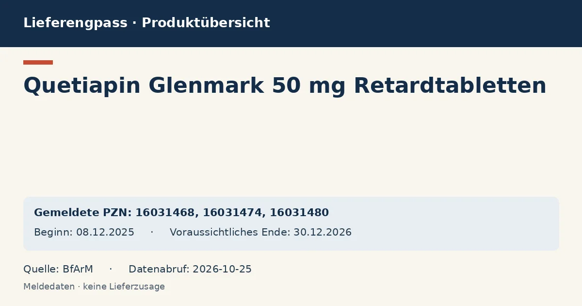 Quetiapin Glenmark 50 mg Retardtabletten: Datenübersicht zum Lieferengpass mit gemeldeten Packungen und Zeitraum (BfArM) Quetiapin Glenmark 50 mg Retardtabletten: Datenübersicht zum Lieferengpass mit gemeldeten Packungen und Zeitraum (BfArM)