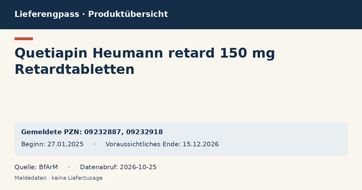 Quetiapin Heumann retard 150 mg Retardtabletten: Datenübersicht zum Lieferengpass mit gemeldeten Packungen und Zeitraum (BfArM) Quetiapin Heumann retard 150 mg Retardtabletten: Datenübersicht zum Lieferengpass mit gemeldeten Packungen und Zeitraum (BfArM)