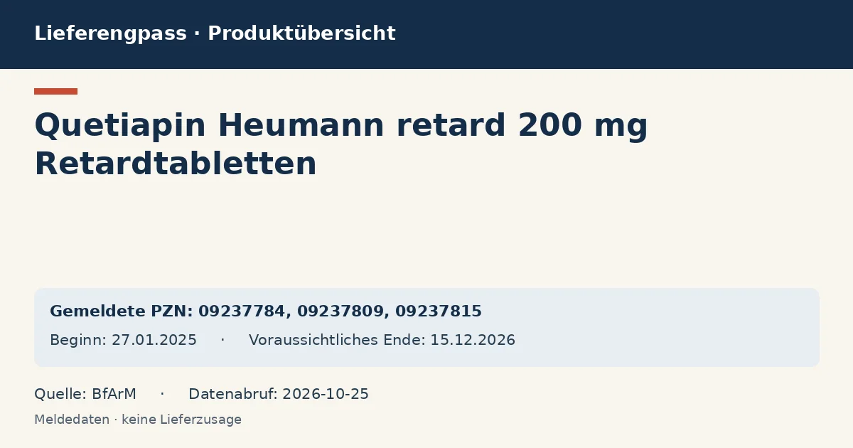 Quetiapin Heumann retard 200 mg Retardtabletten: Datenübersicht zum Lieferengpass mit gemeldeten Packungen und Zeitraum (BfArM) Quetiapin Heumann retard 200 mg Retardtabletten: Datenübersicht zum Lieferengpass mit gemeldeten Packungen und Zeitraum (BfArM)