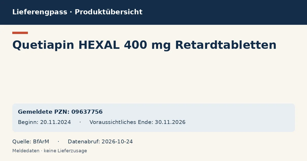 Quetiapin HEXAL 400 mg Retardtabletten: Datenübersicht zum Lieferengpass mit gemeldeten Packungen und Zeitraum (BfArM)