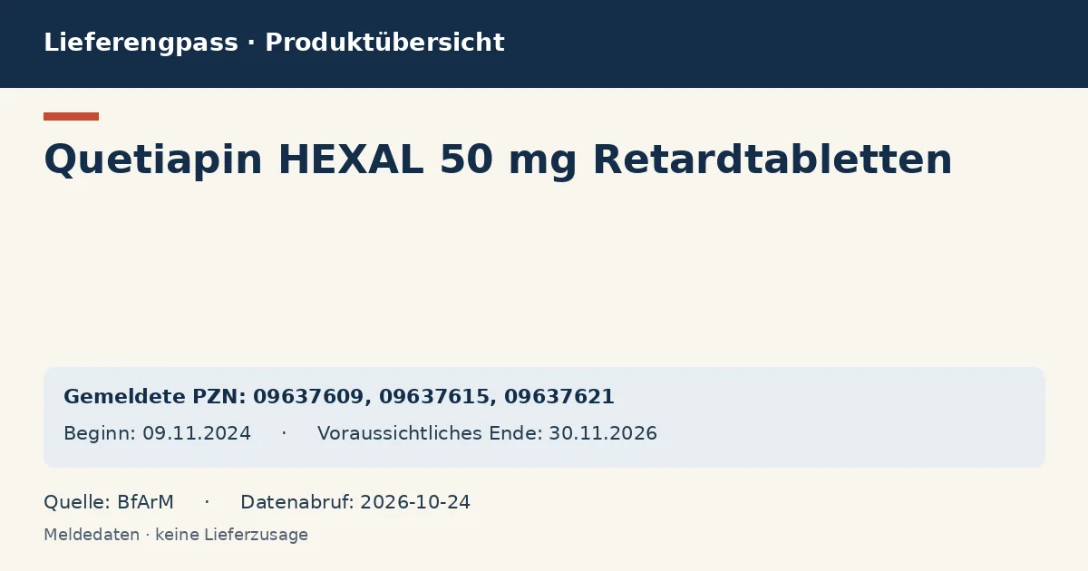 Quetiapin HEXAL 50 mg Retardtabletten: Datenübersicht zum Lieferengpass mit gemeldeten Packungen und Zeitraum (BfArM) Quetiapin HEXAL 50 mg Retardtabletten: Datenübersicht zum Lieferengpass mit gemeldeten Packungen und Zeitraum (BfArM)