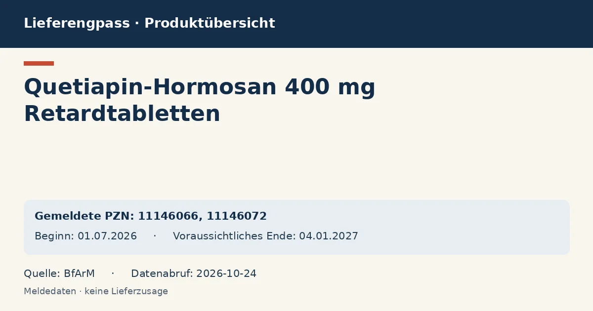 Quetiapin-Hormosan 400 mg Retardtabletten: Datenübersicht zum Lieferengpass mit gemeldeten Packungen und Zeitraum (BfArM)
