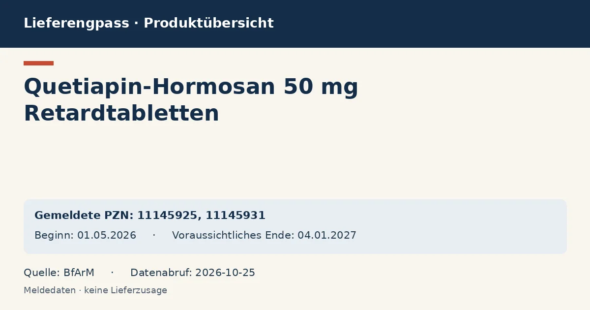 Quetiapin-Hormosan 50 mg Retardtabletten: Datenübersicht zum Lieferengpass mit gemeldeten Packungen und Zeitraum (BfArM)