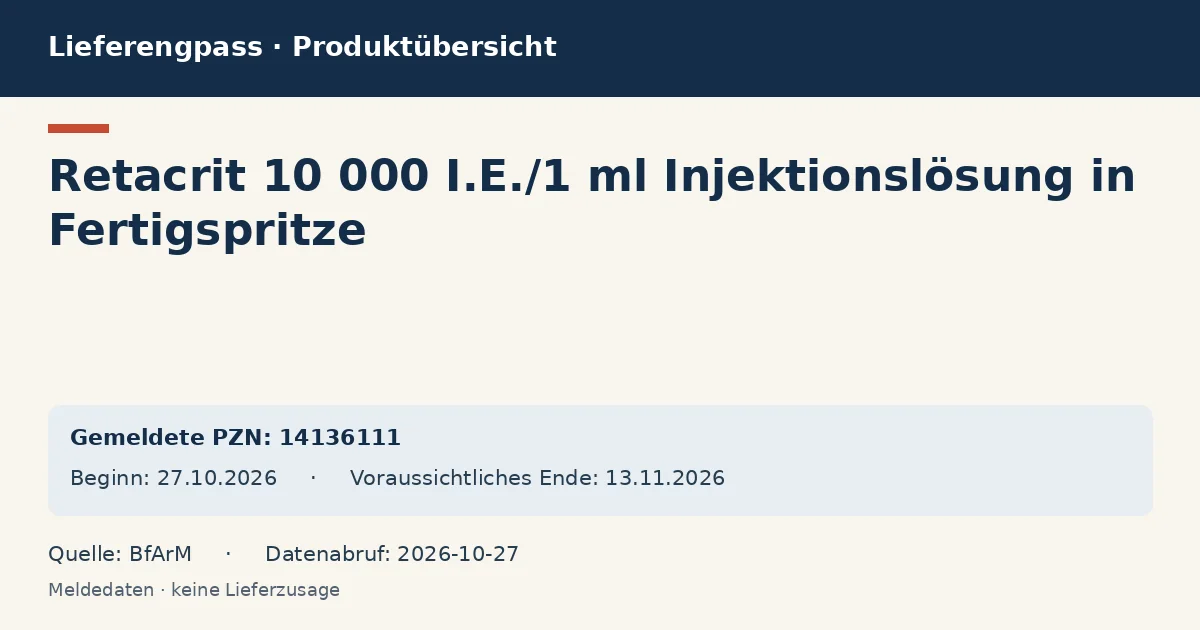 Retacrit 10 000 I.E./1 ml Injektionslösung in Fertigspritze: Datenübersicht zum Lieferengpass mit gemeldeten Packungen und Zeitraum (BfArM)