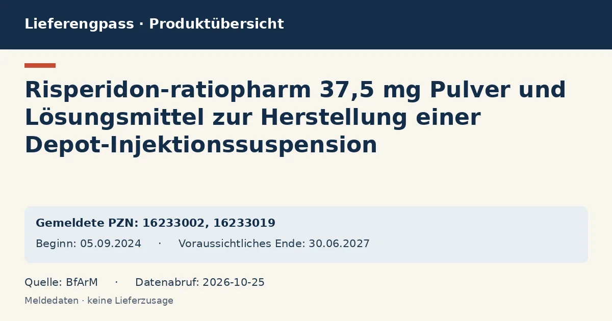 Risperidon-ratiopharm 37,5 mg Pulver und Lösungsmittel zur Herstellung einer Depot-Injektionssuspension: Datenübersicht zum Lieferengpass mit gemeldeten Packungen und Zeitraum (BfArM) Risperidon-ratiopharm 37,5 mg Pulver und Lösungsmittel zur Herstellung einer Depot-Injektionssuspension: Datenübersicht zum Lieferengpass mit gemeldeten Packungen und Zeitraum (BfArM)